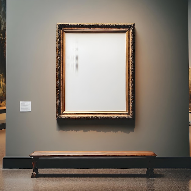 Photo interior of a museum with a wooden bench and a picture frame