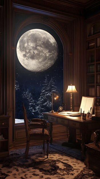 Interior of the night room with a full moon 3d rendering