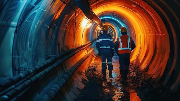 Interior of an oil pipeline tunnel with maintenance workers