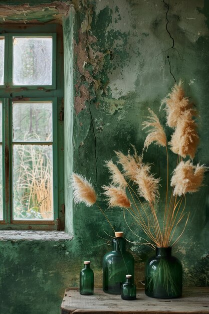 Interior of an old abandoned house with a green wall and a window