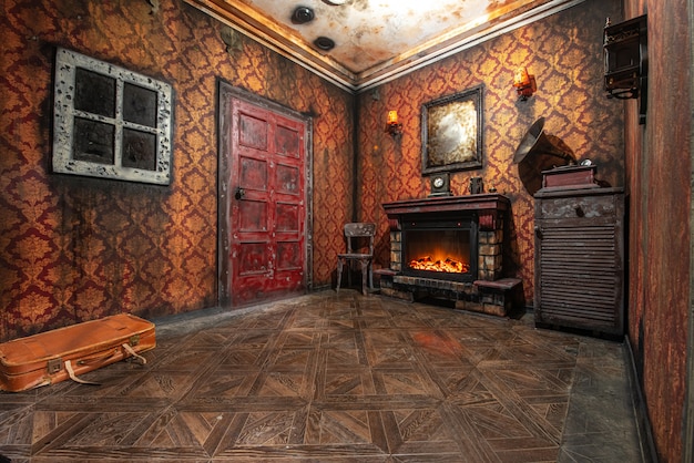 Interior of old house in vintage style with fireplace