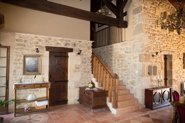 Interior of an old house with wooden and stone