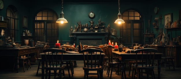 Interior of an old school classroom with chairs and tables in a dark room