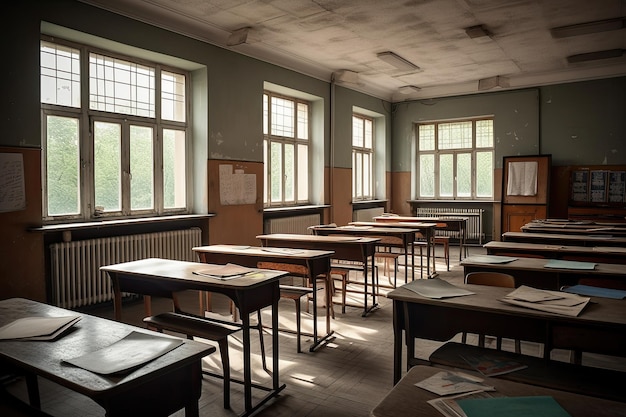 Interior of an old school classroom with tables and chairs and chairs Decorated Interior of an empty school class AI Generated