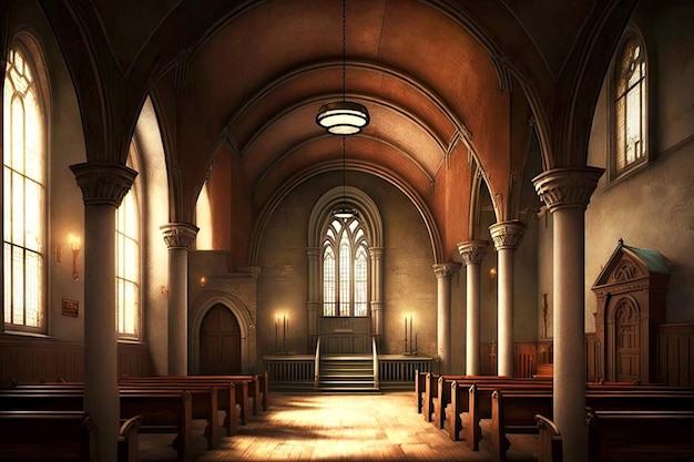 Interior of old stone church with arched windows and cupolas