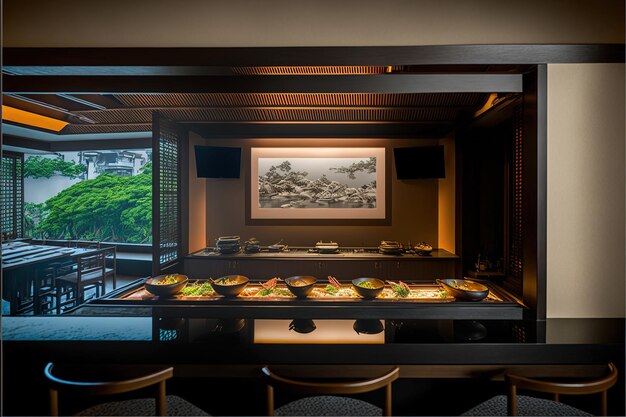 interior of an oriental restaurant japanese style sushi restaurant Generative AI