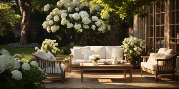 Interior of outdoor garden furniture in hydrangea flowers Generative AI