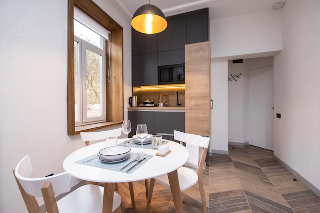 interior photo, living room combined with kitchen, in modern loft style