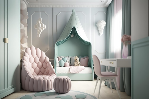 Interior of playroom for children at home painted in pastel colors