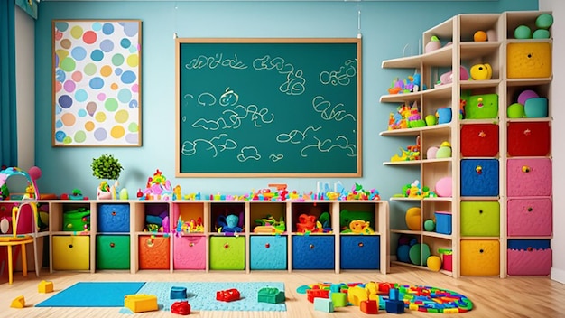 Interior of a playroom in a kindergarten cabinets filled with various toys and colorful furniture