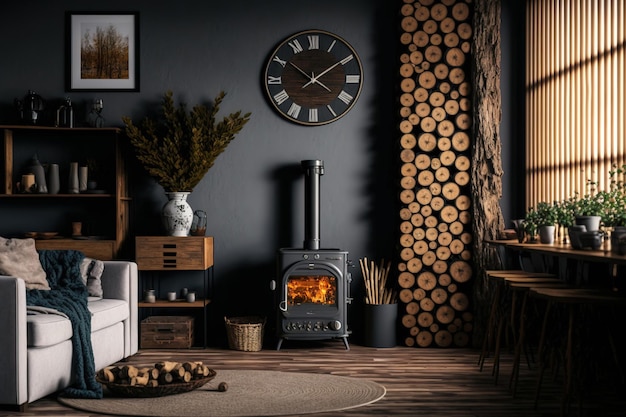 Interior of a pleasant living area with a decorative fireplace and wood stacks