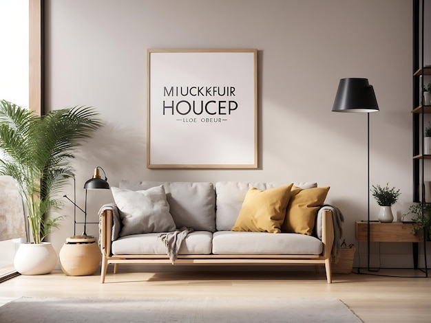 Interior poster frame mockup with modern furniture decoration