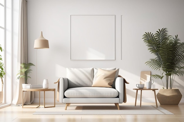 Interior poster mock up living room with armchair on empty white wall background3D rendering