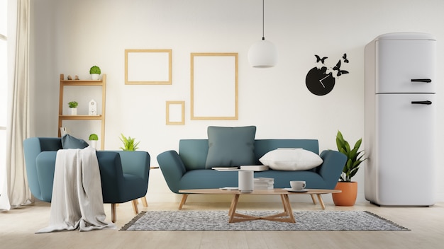 Interior poster mock up living room with colorful white sofa . 3D rendering. 