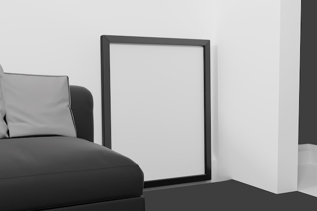 Interior poster mock up with empty black frame 3d rendering