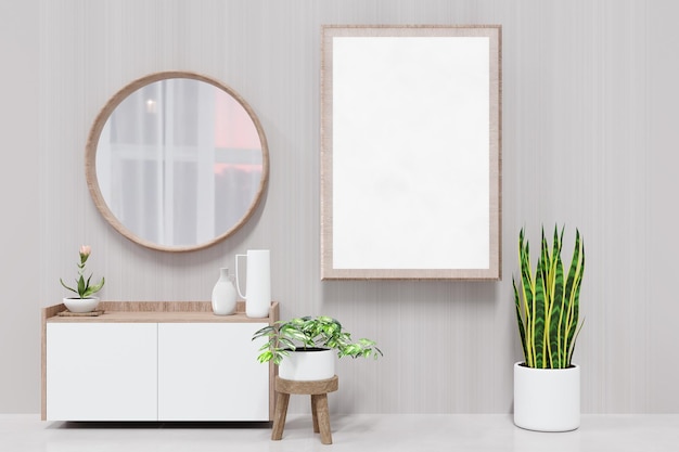 Interior poster mock up with empty wooden frame scandinavian style d rendering