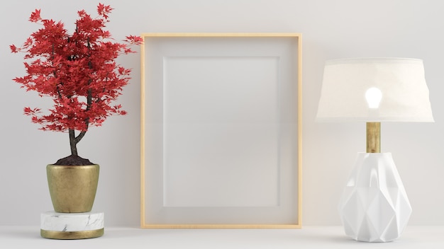 Interior poster mock up with vertical empty wooden frame surrounded by red plant and lamp 3d rendering