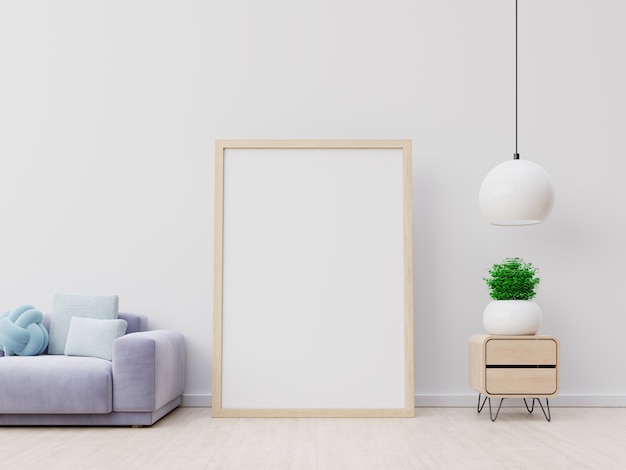 Interior poster mockup vertical empty wooden frames with sofa and lamp 