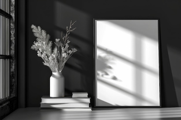 Photo interior poster mockup with a square metal frame and plants in a vase against a white wall