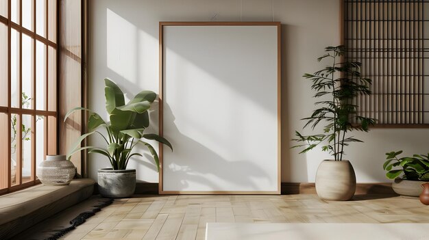 Interior poster mockup with vertical black frame in home interior background