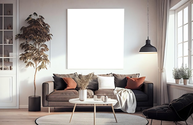 Interior poster wall art mockup over cozy couch sofa in modern stylish living room with plant in pot coffee table window Generative AI