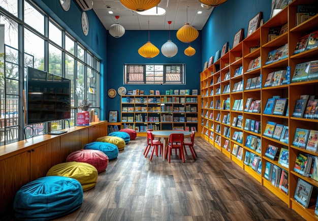 Interior of a primary school library with colorful bookshelves and reading nooks for children