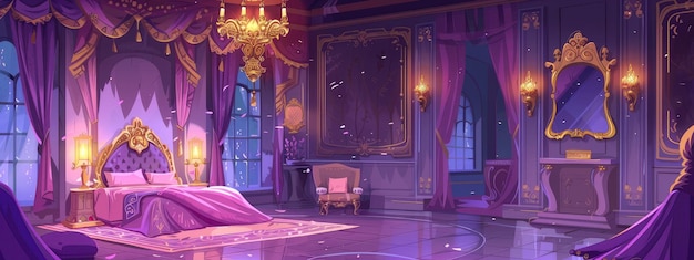 The interior of the princesss bedroom in a medieval castle in purple and pink tones