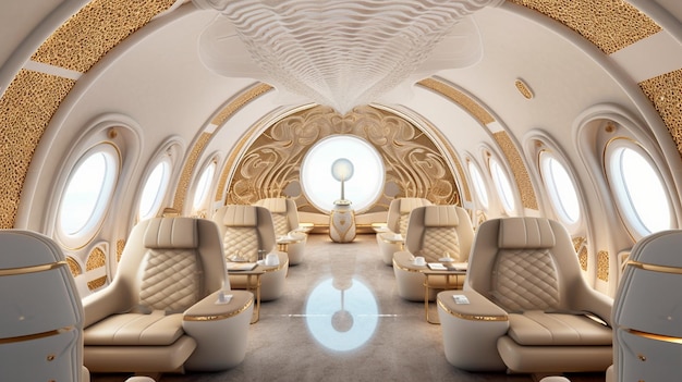 The interior of a private jet with a gold and white carpet.