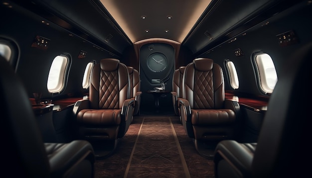 The interior of a private jet with the name air force on the side.