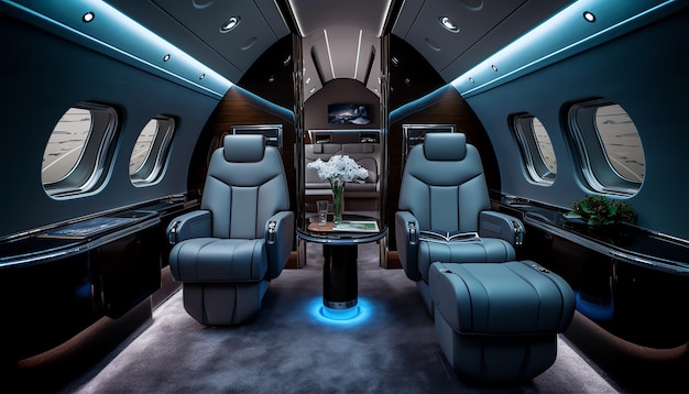 The interior of a private jet with a table and chairs.