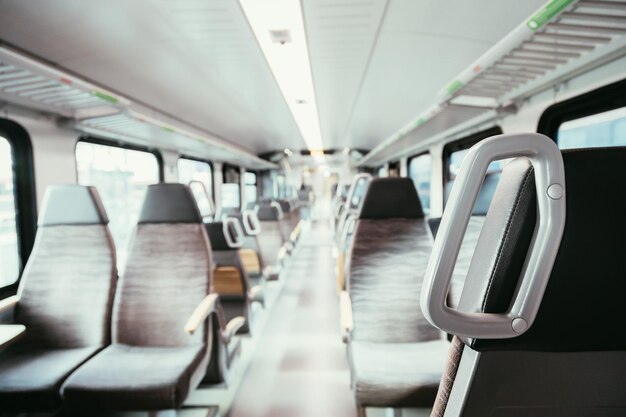 Interior of a public transport train empty seats