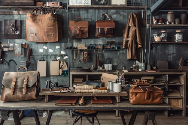 Interior of recycled leather fashion workplace with supplies