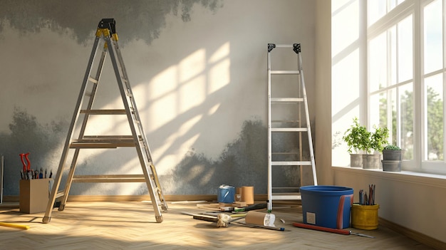 Photo interior renovation tools and stepladder in room