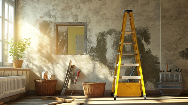 Photo interior renovation tools and stepladder in room