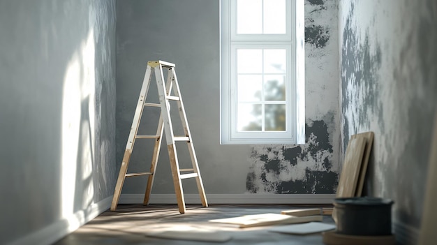 Photo interior renovation tools and stepladder in room