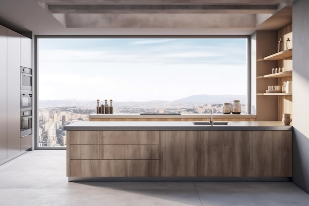 Interior residential lifestyle window wooden indoor room appliance contemporary house kitchen apartment Generative AI