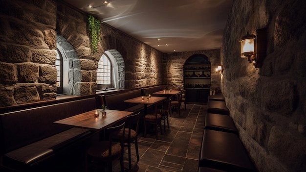 The interior of the restaurant is lit up with a green plant hanging on the wall.