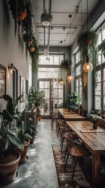 The interior of a restaurant with a large window and plants on the walls.