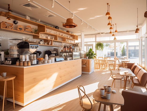 The interior of the restaurant with a wooden counter and a row of tables and chairs.