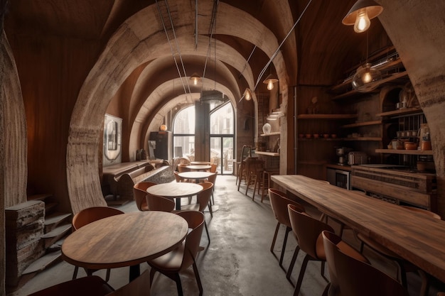 The interior of the restaurant with wooden tables and chairs