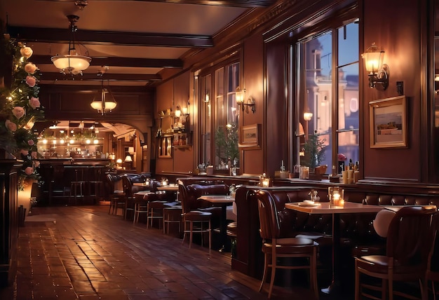 interior of a romantic cozy cafe in an old style with evening lighting a piano a fireplace and a v