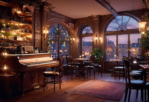 interior of a romantic cozy cafe in an old style with evening lighting a piano a fireplace and a v