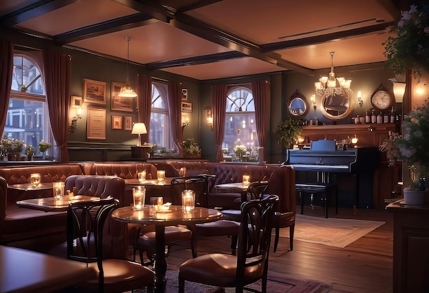 interior of a romantic cozy cafe in an old style with evening lighting a piano a fireplace and a v