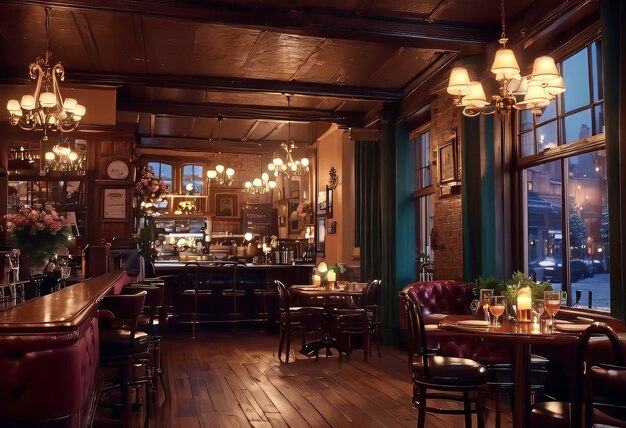 interior of a romantic cozy cafe in an old style with evening lighting a piano a fireplace and a v