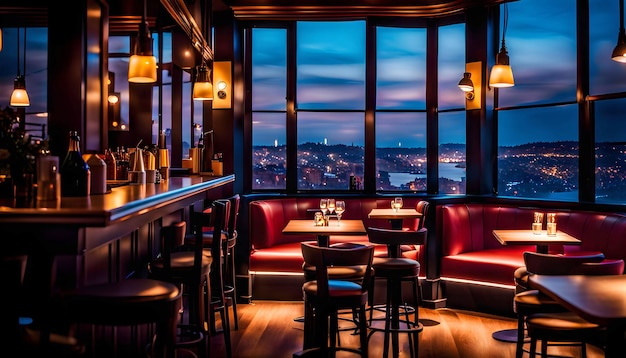 interior of a romantic cute cozy jazz cafe in an old style with evening lighting a piano