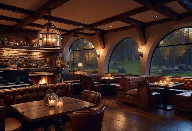 interior of a romantic cute cozy jazz cafe in an old style with evening lighting a piano