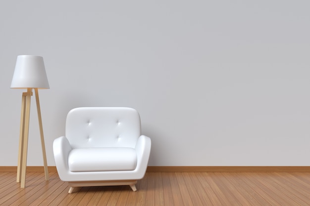 Interior room has a white sofa and lamp on empty white wall background