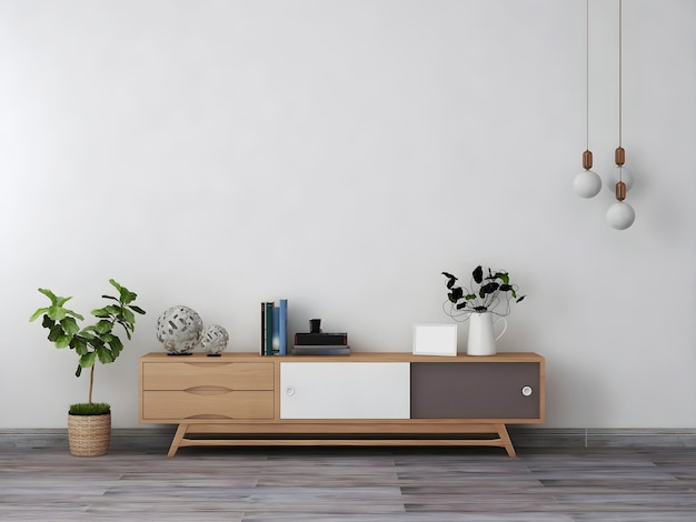 Interior room mockup with desk and objects plant and hanging lamps