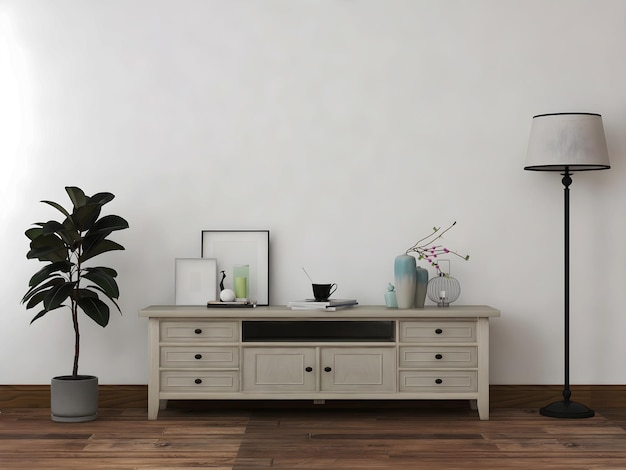 Interior room mockup with old desk and objects floor lamp and plant