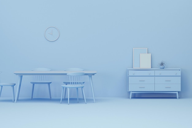 Interior of the room in monochrome pastel blue color with dinner tableclock and room accessories